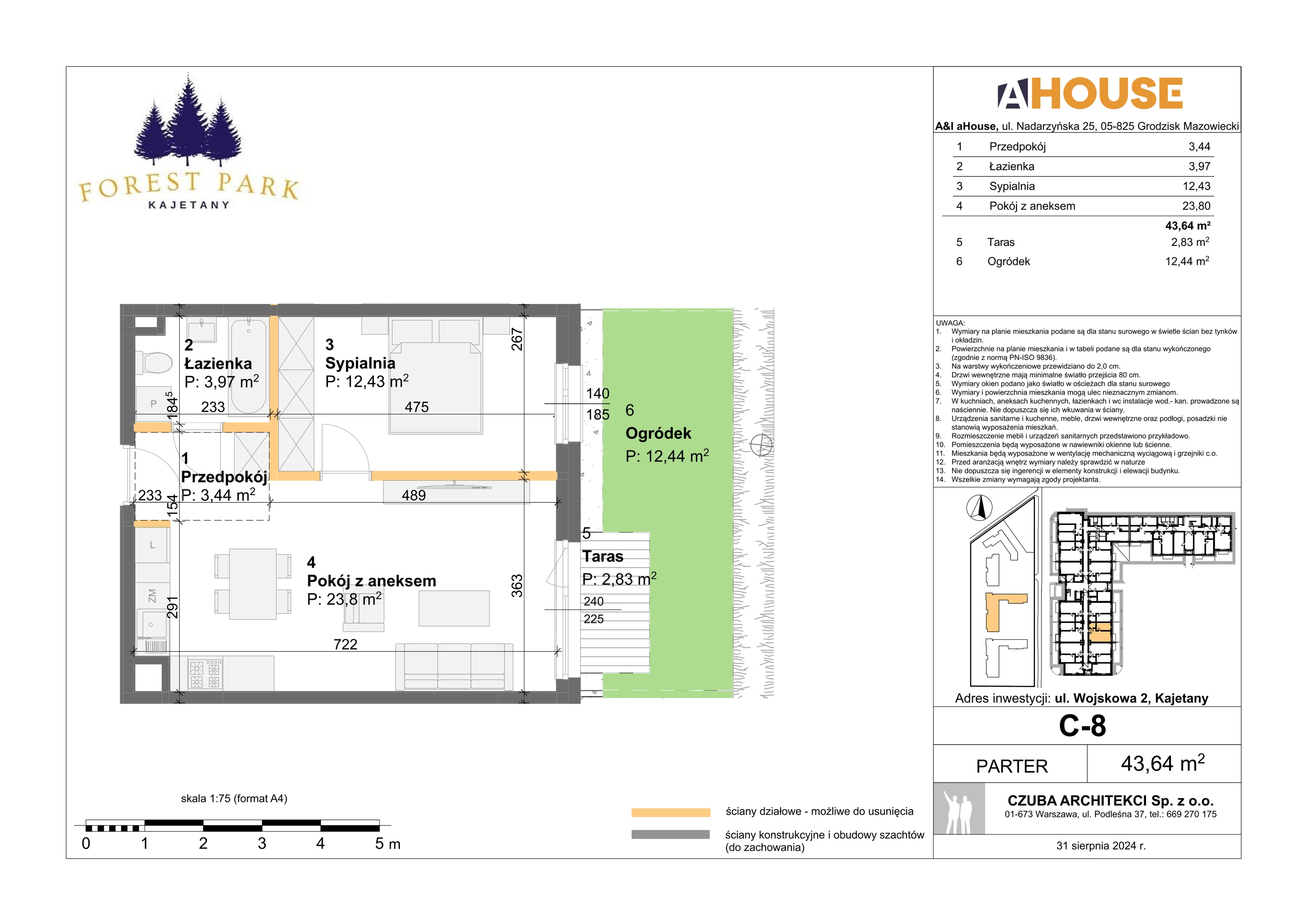 2 pokoje, mieszkanie 43,64 m², parter, oferta nr C-8, Forest Park Kajetany, Kajetany, ul. Wojskowa 2